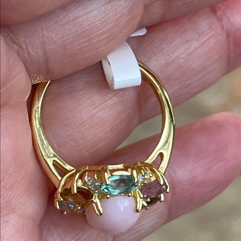 18k Gold Plated over 925 Sterling Silver Pink Opal & Tourmaline Ring Size 7.5
